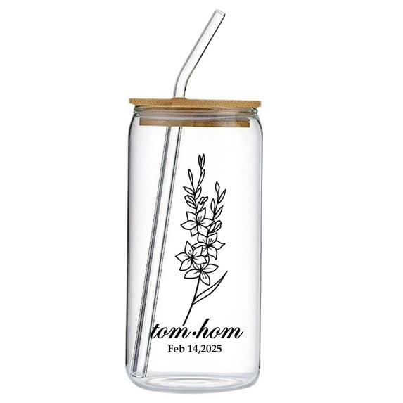 BinKFF Glass Bedside Water Carafe, Custom Birth Flower Cup with Lid and Straw, Personalized Travel Tumbler, Bridesmaid Proposal, Customized Gifts for Women, Birthday, Cute Mom Gifts