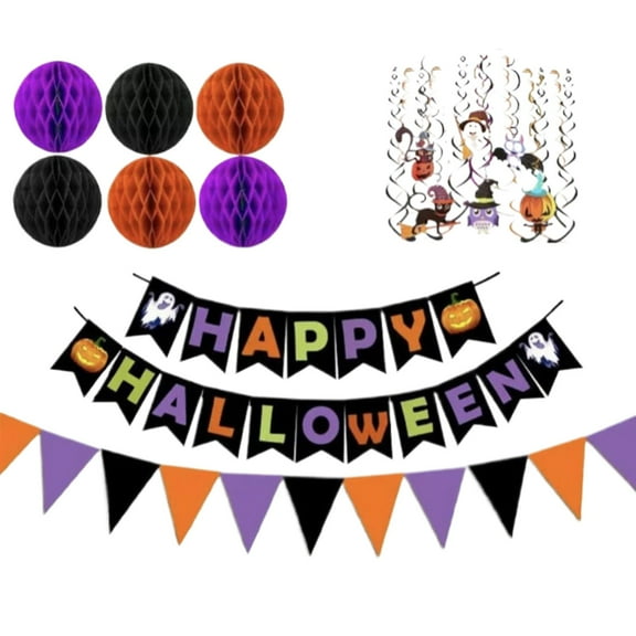 BinKFF Halloween Birthday Decorations - Happy Birthday Banner with Honeycomb Ball, Halloween Hanging Swirl Streamer, Circle Dot Garland Decorations - Halloween theme Birthday Party Decoration
