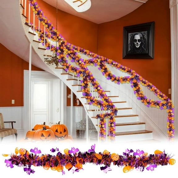 BinKFF Halloween Decorations, 6.5 FT Halloween Tinsel Garland with Orange Pumpkin Black Spider Purple Bat, Shiny Metallic Twist Garland for Home Tree Indoor Outdoor Party Decorations