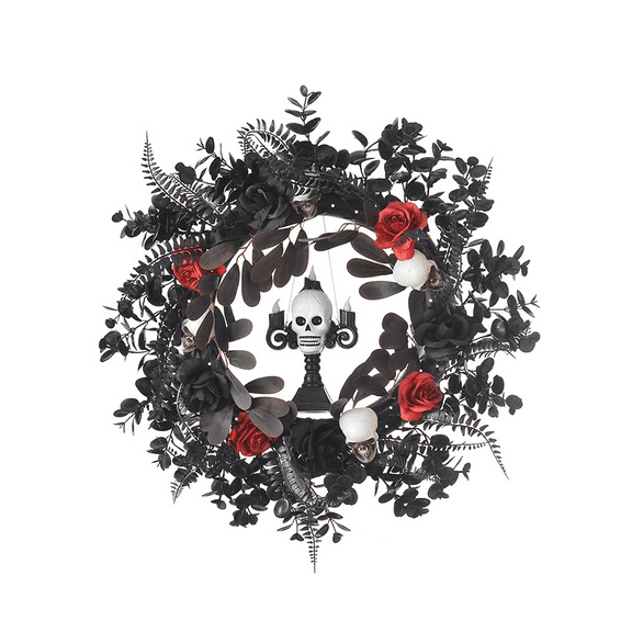 BinKFF Halloween Door Wreath, 20 Inch Light Up Black Halloween Wreaths for Front Door with Skeleton, Skulls and Roses, Scary Halloween Decorations Indoor Outdoor for Porch Window