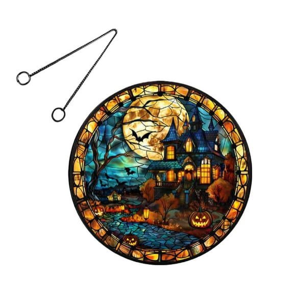 BinKFF Halloween Ghost Flowers Door Hanging Sign Decorations, Halloween Style Suncatchers Stained Acrylic Window Hanging, Welcome Front Door Hanger Wreath for Yard Wall Home Decor