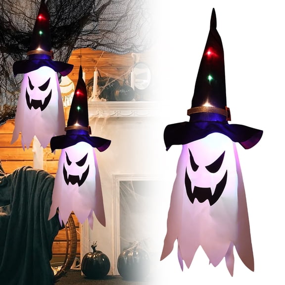 BinKFF Halloween Hanging Ghosts Decorations Outdoor, Warm Light Up Ghosts Tree Decor with Witch Hat, Glowing Halloween Decorations for Yard Patio Garden Outside Haunted House Party