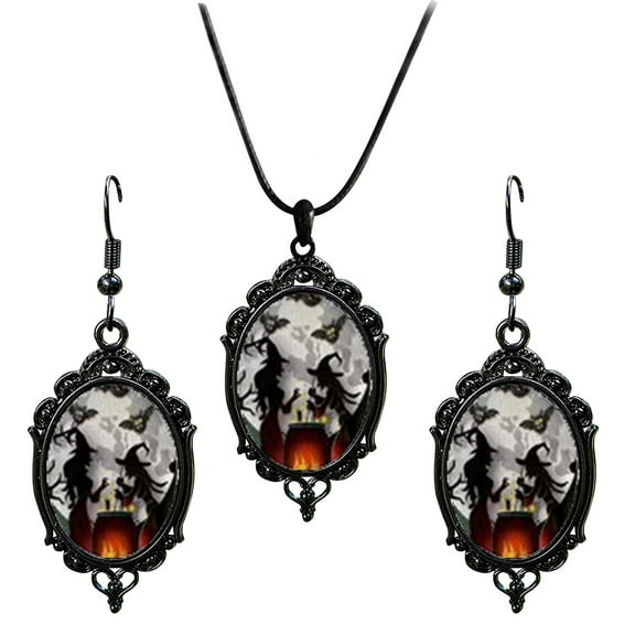 BinKFF Halloween Jewelry for Women Gothic Earrings Necklace Set Witch Earring Witch Necklace Goth Earring Vintage Devil Halloween Earrings Gothic Jewelry for Women