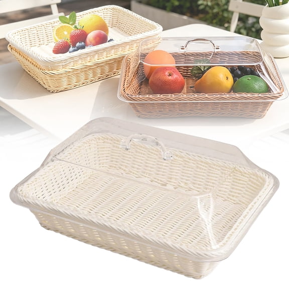 BinKFF Imitation Rattan Bread Basket with Lid, Woven Tabletop Food Serving Basket, Poly-Wicker Fruit Basket for Vegetable, Restaurant, Display, Kitchen, Party, Rectangle, 13.8" L x 9.8" W