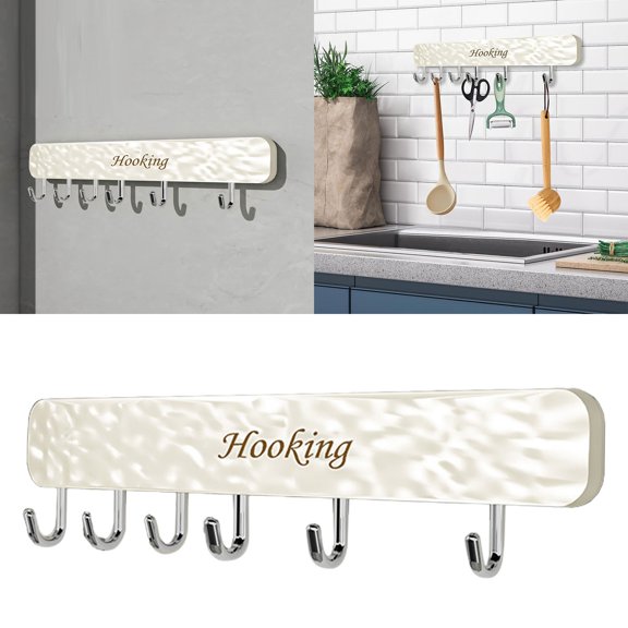 BinKFF Kitchen Utensil Hanger, Wall Mount Coat Rack, Adhesive Utensil Holder Wall Mount Kitchen Rack Rail with 6 Hooks, Space Saving and No Drilling, for Towel, Spoon, Coats, Bathrobe