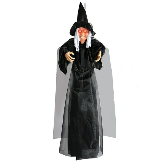 BinKFF Life Size Hanging Talking Witch - Animated Halloween Witch with Sound Activation and Red Eyes for Outdoor & Indoor Decor - Flying Animatronic Witch for Halloween Decorations