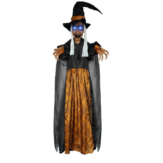BinKFF Life Size Hanging Talking Witch - Animated Halloween Witch with Sound Activation and Red Eyes for Outdoor & Indoor Decor - Flying Animatronic Witch for Halloween Decorations