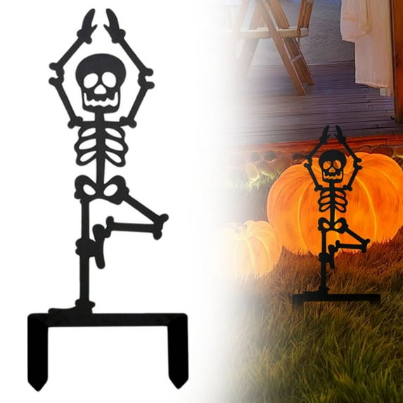 BinKFF Metal Halloween Yard Signs Halloween Outdoor Decorations Black Metal Art Halloweens Yard Stakes Reusable Skeleton Lawn Sign for Holiday Party Decor for Garden Prop