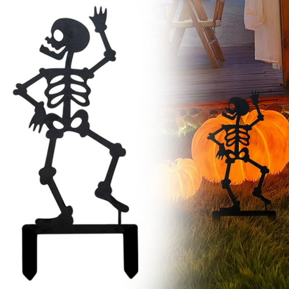 BinKFF Metal Halloween Yard Signs Halloween Outdoor Decorations Black Metal Art Halloweens Yard Stakes Reusable Skeleton Lawn Sign for Holiday Party Decor for Garden Prop