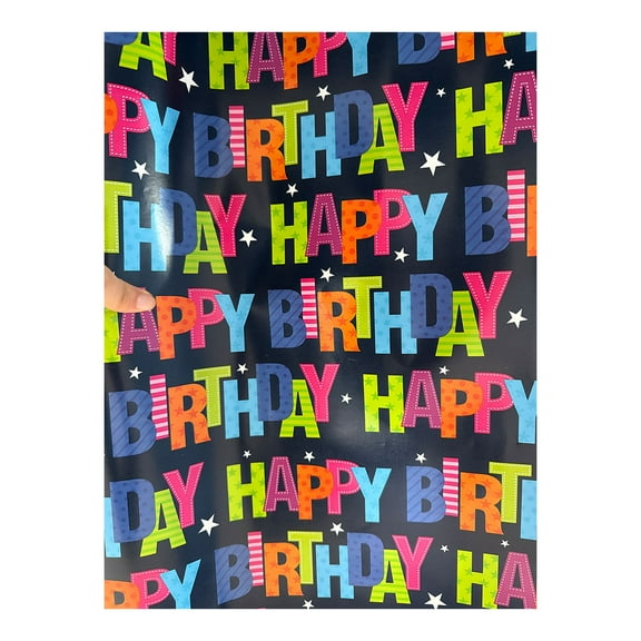 BinKFF Reversible Birthday Wrapping Paper Roll for Boys Girls Kids Men Women - Colorful Happy Birthday Lettering Balloon and Stars - Gift Wrap for Party Celebration Holiday