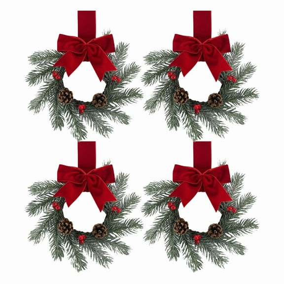 BinKFF Small Christmas Wreaths 9 Inch Christmas Kitchen Cabinet Mini Wreaths Real Touch with Bow and Burgundy Ribbon for Xmas Front Door Window Home Table Pillar Decor