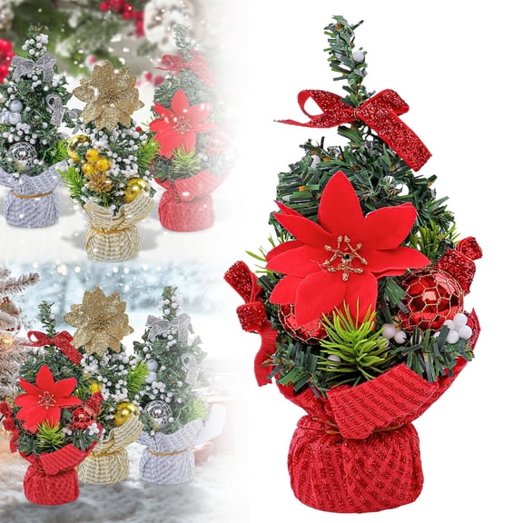 BinKFF Small Mini Table top Christmas Tree, Artificial Xmas Tree Star Treetop Pine Cones Red Bows Balls Candy Canes Red Berries Hanging Ornaments DIY Holiday Indoor Decorations