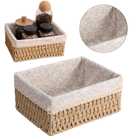 BinKFF Small Wicker Baskets with Liner, Paper Rope Woven Storage Basket, Rectangular Decorative Boxes Container Bins for Shelves Table Desktop Snacks Gifts Makeup Organizer
