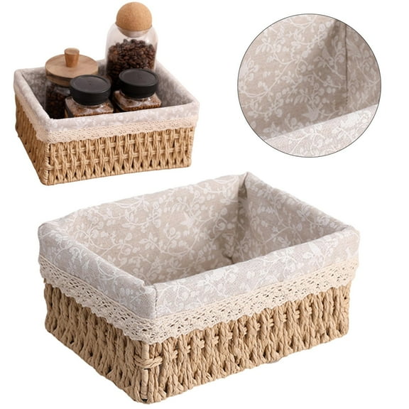 BinKFF Small Wicker Baskets with Liner, Paper Rope Woven Storage Basket, Rectangular Decorative Boxes Container Bins for Shelves Table Desktop Snacks Gifts Makeup Organizer