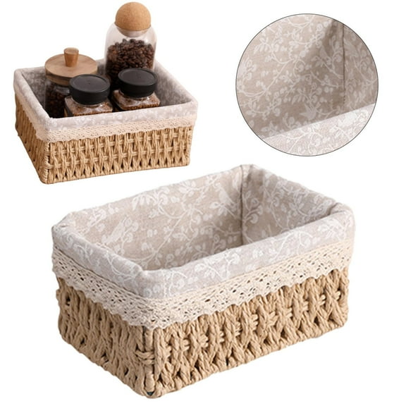 BinKFF Small Wicker Baskets with Liner, Paper Rope Woven Storage Basket, Rectangular Decorative Boxes Container Bins for Shelves Table Desktop Snacks Gifts Makeup Organizer