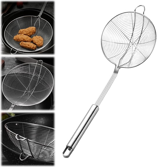 BinKFF Stainless Steel Spider Strainer Skimmer Spoon For Frying and Cooking - Solid Wire Asian Strainer Ladle Pasta Strainer with Long Handle, Professional Kitchen Skimmer Ladle