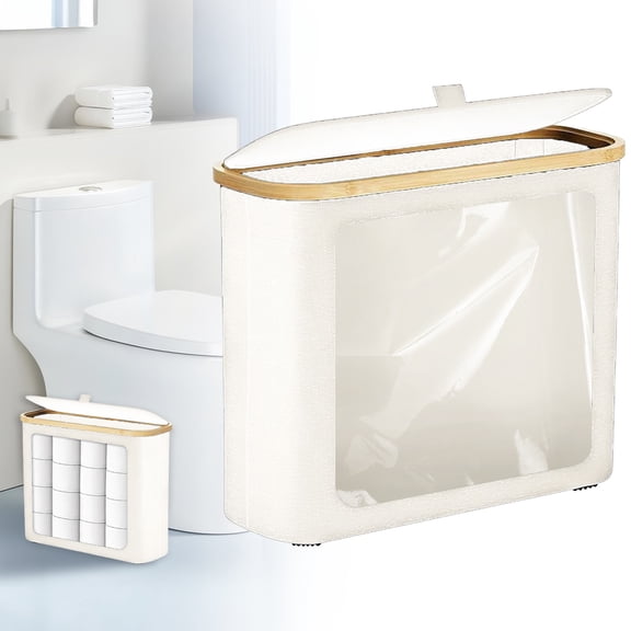 BinKFF Toilet Paper Storage Basket with Lid - Bathroom Organizer, Free Standing Toilet Paper Holder for Up to 9 Mega Rolls, Toilet Tissue Storage Bin with Handle for RV Closet, Beige