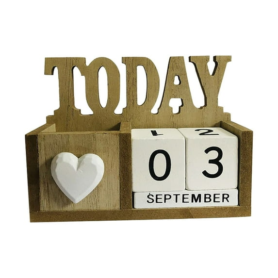 BinKFF Wooden Blocks Perpetual Calendar with Pen Holder - Natural Pine Wood Home Office Desk Organizer -Reusable Date Week Month Accessories Tabletop Ornament