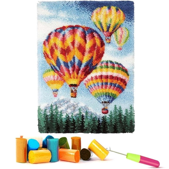 Binken Latch Hook Rug Kit, Rectangle Pre-Printed Canvas, Colorful Hot Air Balloons Pattern 20x15, Gift Packaging for Beginner Adults