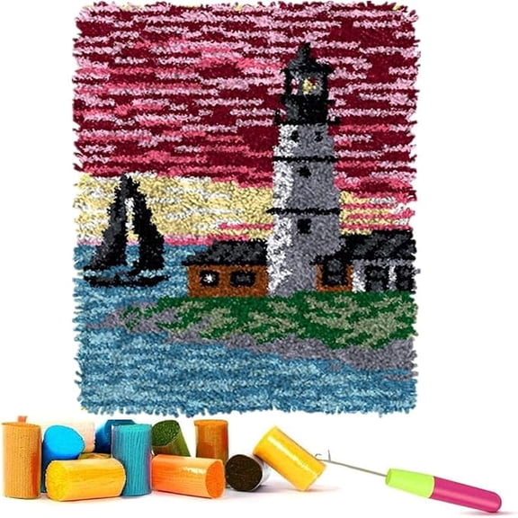 ShowNiceArt Latch Hook Rug Kit for Adult Beginners, Rectangle Printed Canvas with Lighthouse & Sailboat Pattern, Size 20x15, Gift Packaging