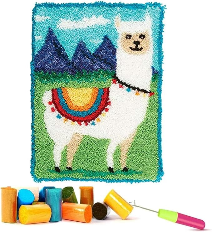 BinKenLatch Hook Kits for Adults - DIY Latch Hook Rug Kits, Crochet Kit for Beginners, Rug Making Kits with Printed Canvas, Gift Packaging. (White Alpaca on The Grassland, 20x15 inch)