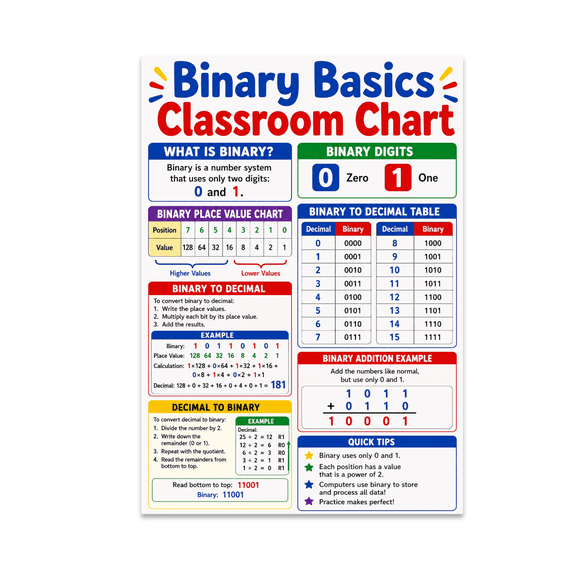 Binary Basics Classroom Chart - Computer Science Enthusiast - 13x19 Poster Print