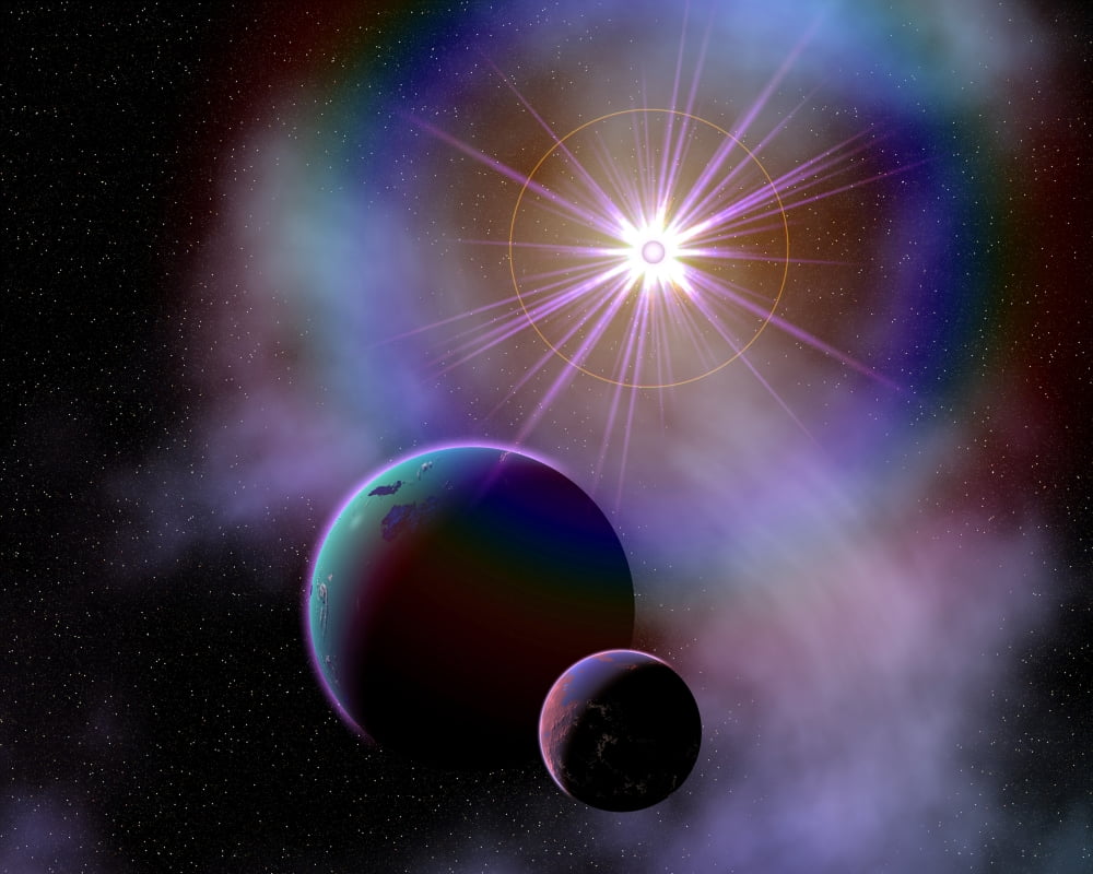 Binary worlds orbiting each other Canvas Art - Mark StevensonStocktrek Images (32 x 26)