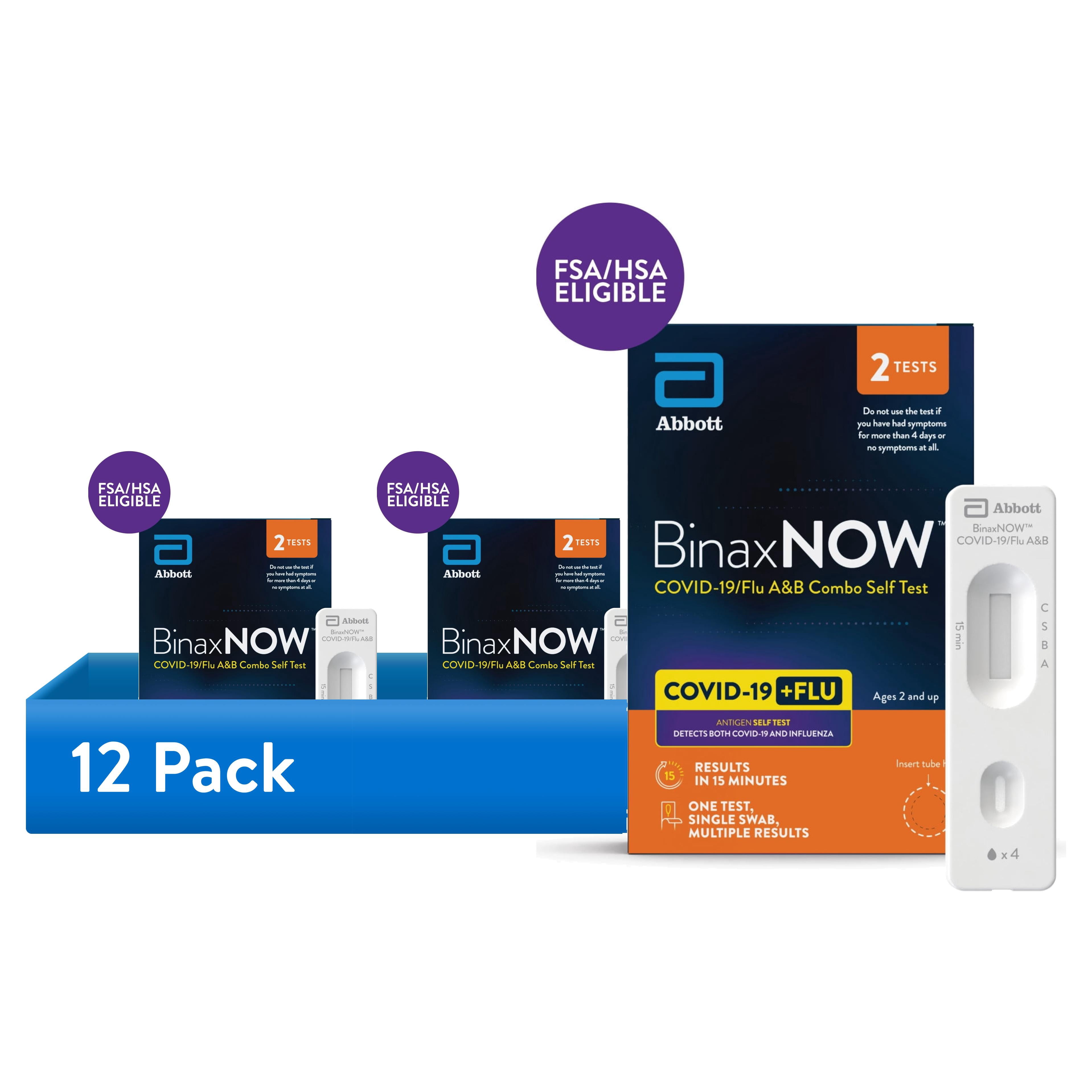 (12 pack) BinaxNOW™ COVID-19 & Flu A/B Combo Rapid Self Test, 2 Count – Results in 15 Minutes