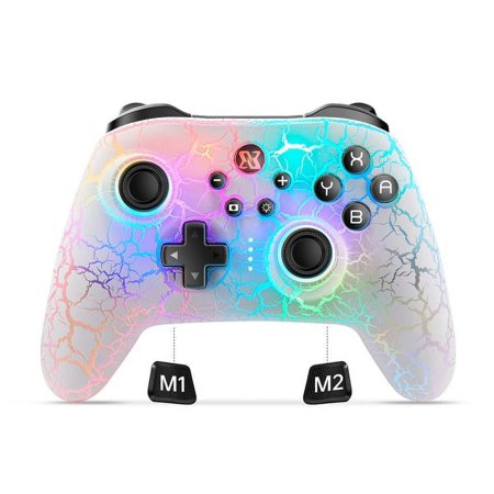 Binbok Switch Pro Controller: Wireless/Wired, Dual Motor, 4 RGB Light Modes, 1000mAh Battery,White