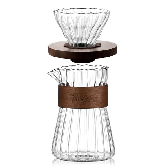 Bincoo Clear Glass Drip Coffee Maker Set - 500ML Glass Coffee Server Coffee Carafe with Walnut Dripper and 50PCS Paper Filter Y101