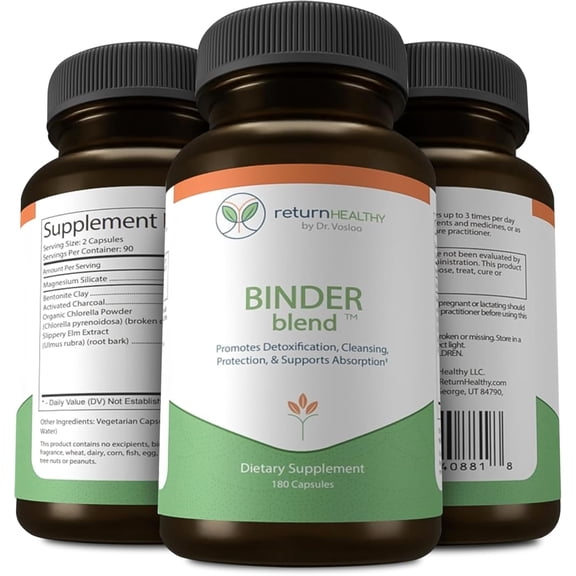 Binder Blend - Toxin Binder Supplement, Detox Capsules for a Healthy Gut - 180 Capsules - 90 Servings - 960mg Activated Charcoal & 480mg Organic Chlorella - Bloating Relief - Bentonite Clay, 3 Pack