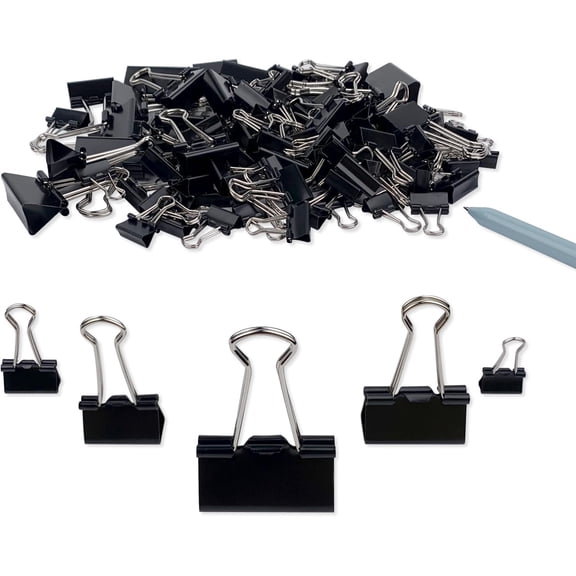 Binder Clips Paper Clamps Assorted Sizes 150 Count (Black), Large, Medium, Small, X Small and Micro, 5 Sizes in One Pack, Meet Your Different Using Needs.