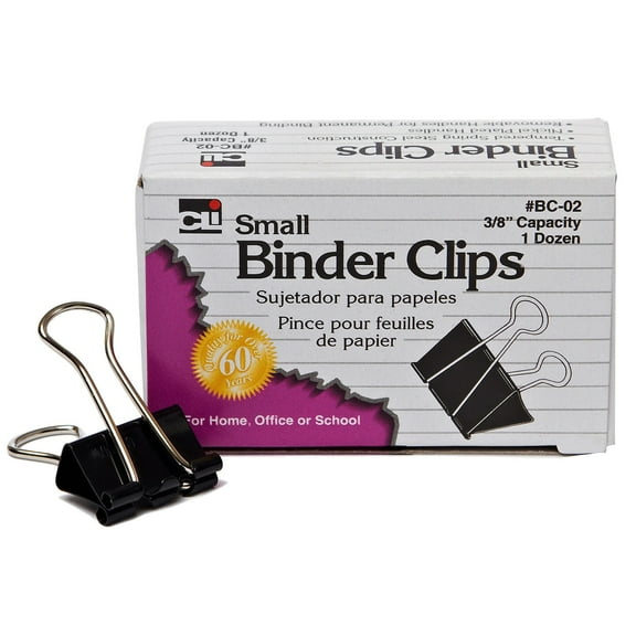 CLN Binder Clips Small 3/8" Capacity Black Box of 12 (CHLBC02)