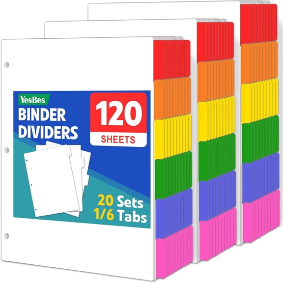 Binder Dividers 120-Pcs with Multicolor Tabs 1/6 Cut, 20 Sets for 3-Ring Binders