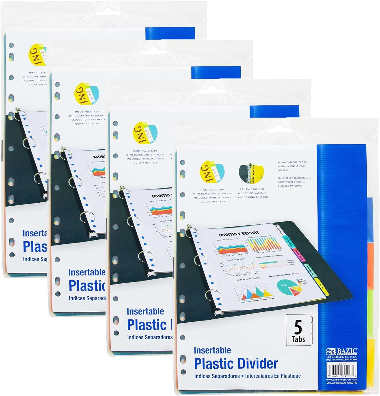 Binder Dividers W/ 5 Insertable Color Tabs, 11 Hole Punch Plastic Index