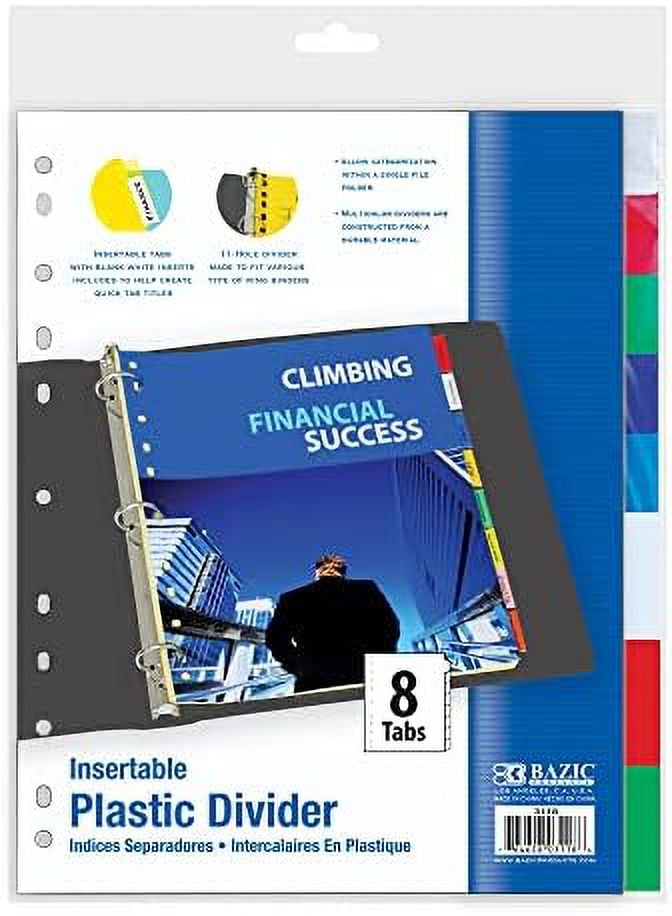Binder Dividers W/ 8 Insertable Color Tabs, 11 Hole Punch Plastic Index