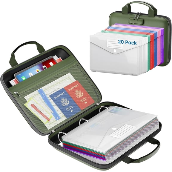 Binder Folders Organizer with 20 Pack Heavyweight Plastic Pockets,Fireproof File Folder Box with Lock,Zipper Binder Bag for Important Documents,Letter Size,Green