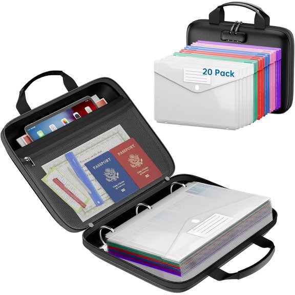 Binder Folders Organizer with 20 Pack Heavyweight Plastic Pockets,Fireproof File Folder Box with Lock,Zipper Binder Bag for Important Documents,Letter Size