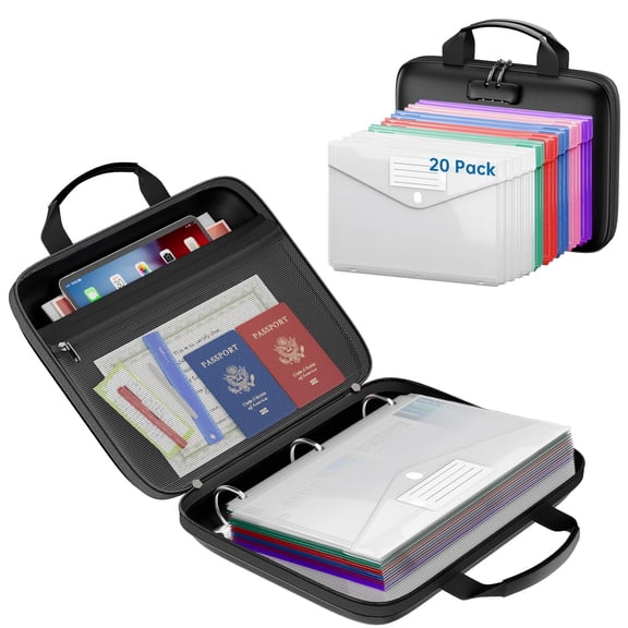 Binder Folders Organizer With 20 Pack Heavyweight Plastic Pockets Fireproof File Folder Box Lock Zipper Bag For Important Documents Letter Size