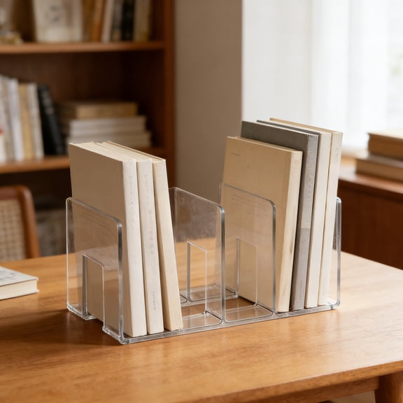Binder Holder, Book Shelf Dividers, 13.39x5.63x5.24 Inch Clear Desk File Sorter, Four-Panel Acrylic Book Storage Box For Office