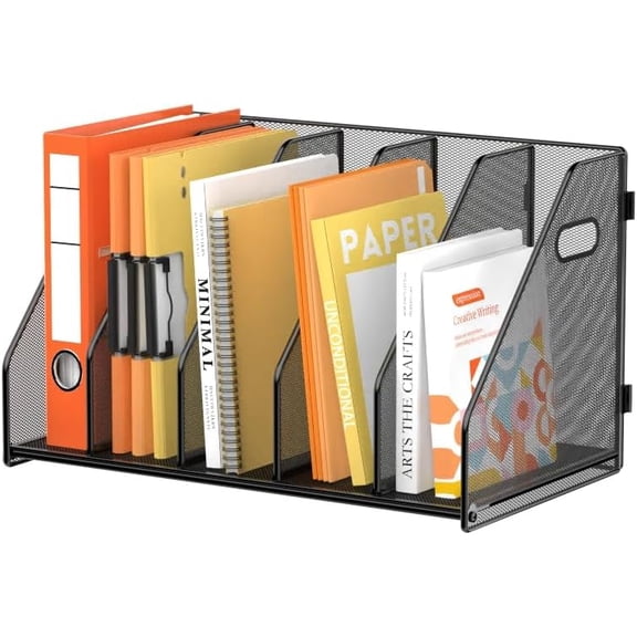 Binder Organizer, Magazine File Holder with 5 Vertical Compartments Rack, Metal Desk File Organizer & Binder Holders, Magazine Organizers for Office Desktop, Home, School (Black)