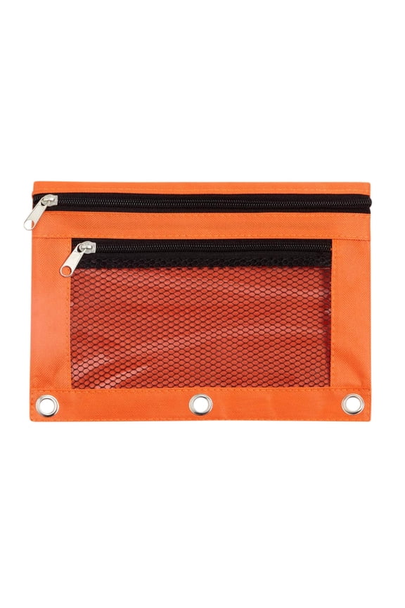 Binder Pencil Pouch 3 Ring, Zipper Pencil Pouches Case Cosmetic Bag, Large Capacity Double Layer Mesh Pen Case with Clear Window – Orange