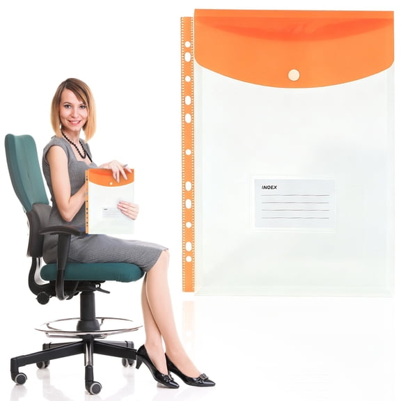 Binder Pockets for 2/3/4 Ring Binder, Binder Folders with Snap Button and Label, Expandable Plastic Envelopes Binder Organizer Folders with 11 Holes for Office Home(Orange)