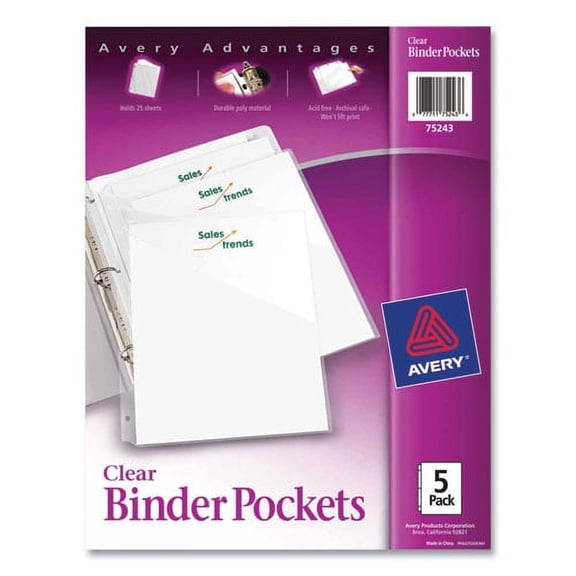Binder Pockets, 3-Hole Punched, 9.25 x 11, Clear, 5/Pack | Bundle of 2