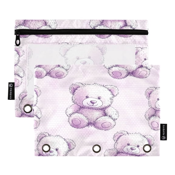 Iauyy Pencil Case for 3-Ring Binder, Transparent Window Pencil Box with Smooth Zipper, Large Capacity 3-Ring Binder Pencil Case, with 3 Reinforced Eyelet,Bear
