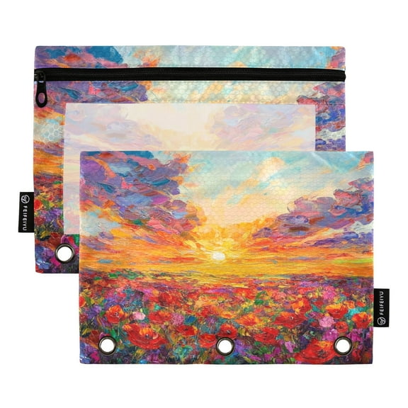 Iauyy Pencil Case for 3-Ring Binder, Transparent Window Pencil Box with Smooth Zipper, Large Capacity 3-Ring Binder Pencil Case, with 3 Reinforced Eyelet,Beautiful Flower