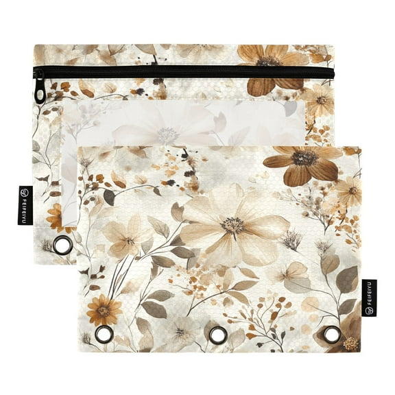 Iauyy Pencil Case for 3-Ring Binder, Transparent Window Pencil Box with Smooth Zipper, Large Capacity 3-Ring Binder Pencil Case, with 3 Reinforced Eyelet,Brown Flower