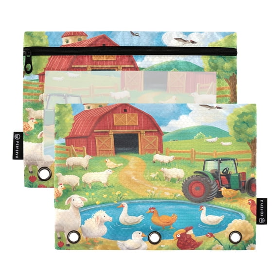 Iauyy Pencil Case for 3-Ring Binder, Transparent Window Pencil Box with Smooth Zipper, Large Capacity 3-Ring Binder Pencil Case, with 3 Reinforced Eyelet,Farm