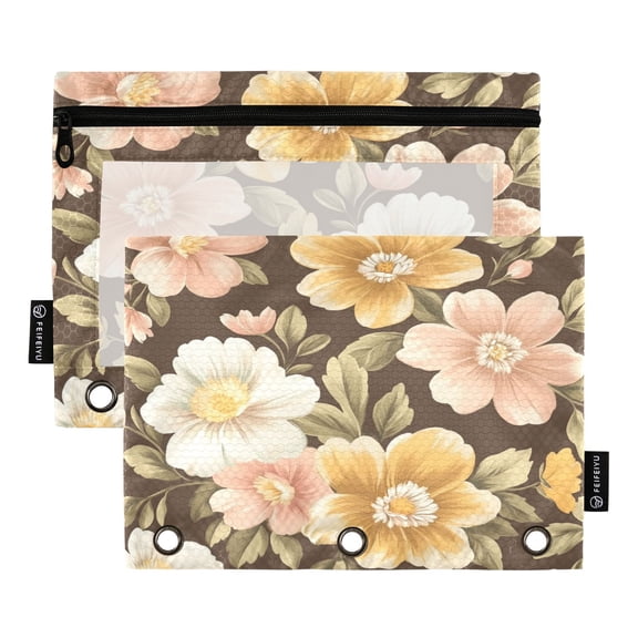 Iauyy Pencil Case for 3-Ring Binder, Transparent Window Pencil Box with Smooth Zipper, Large Capacity 3-Ring Binder Pencil Case, with 3 Reinforced Eyelet,Ffloral