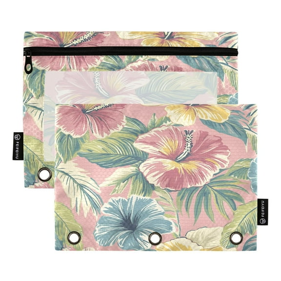 Iauyy Pencil Case for 3-Ring Binder, Transparent Window Pencil Box with Smooth Zipper, Large Capacity 3-Ring Binder Pencil Case, with 3 Reinforced Eyelet,Floral Pattern